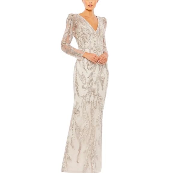 Mac Duggal Dresses & Skirts - Mac Duggal 20349 Champagne Taupe Evening Gown Sequined Long Sleeve Dress Size 8